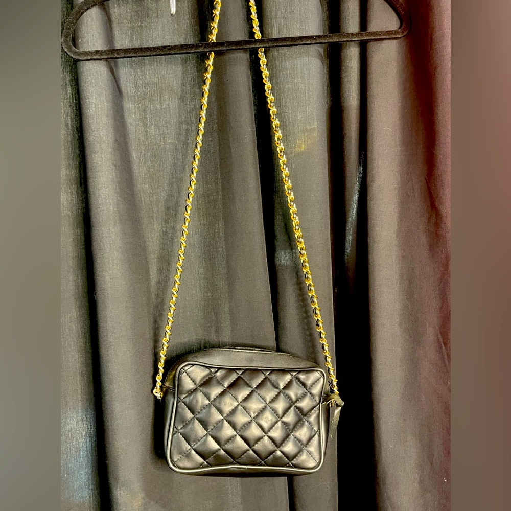 Black leather-like quilted over the shoulder purse with Gold Trim